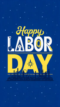 Happy Labor Day vertical banner, patriotic holiday greeting with industrial worker tools, blue and yellow typography poster for social media