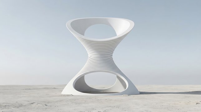 White hourglass structure in a desert. Modern abstract sculpture with geometric design.
