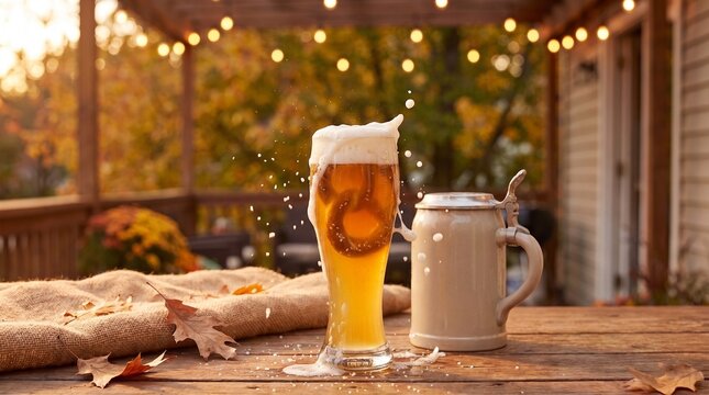 Beer glasses on rustic table during Oktoberfest celebration
