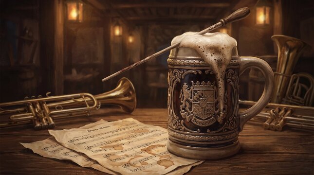 Beer stein with brass instruments for Oktoberfest celebration
