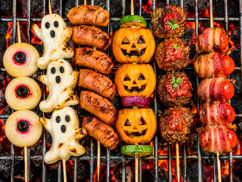 Realistic Halloween BBQ Food Skewers on Grill, Top View Close-Up, Festive Spooky Party Cuisine, 4K