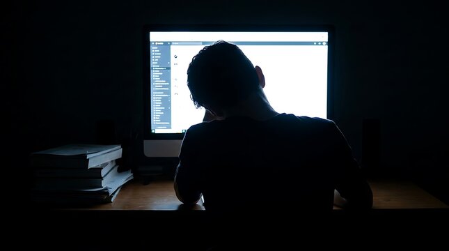 Person Working Late at Computer in Dark Room