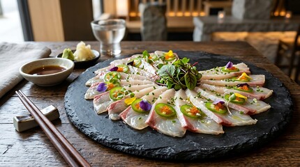 Obraz premium Elegant Hamachi Yellowtail Carpaccio with Jalapeño Edible Flowers, Fresh Japanese Fine Dining Seafood Appetizer