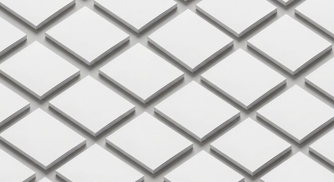 Diagonal isometric grid layout of multiple blank square softcover magazines lying flat on a light gray background with soft shadows.