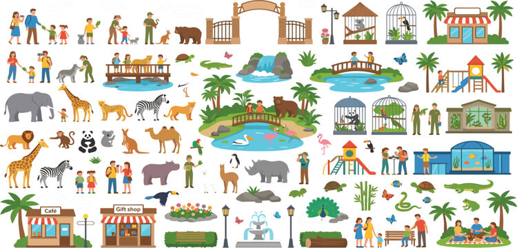 Cute cartoon zoo icon set with wild animals visitors workers and buildings vector illustration