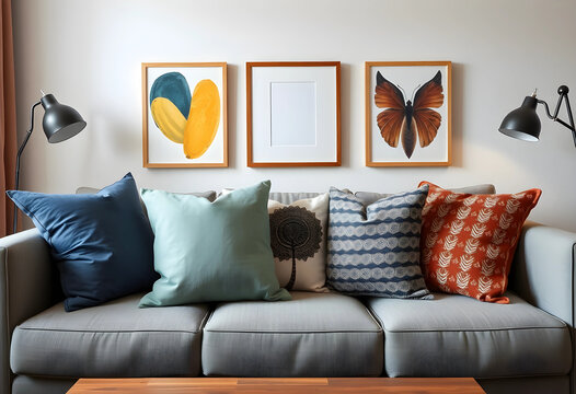 Modern living room interior with gray sofa, colorful throw pillows, and framed wall art including a blank frame for copy space