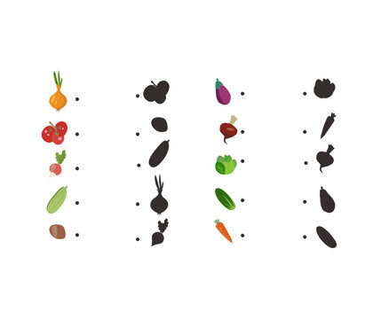  Set of  Educational worksheets with colorful food and black silhouettes on white background.Vegetable matching activity page for children.