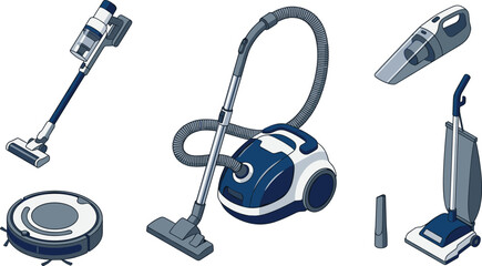 Vacuum cleaners household appliance vector illustration set featuring cordless stick vacuum canister machine robot vacuum handheld buster and upright cleaner isolated on white background © MST