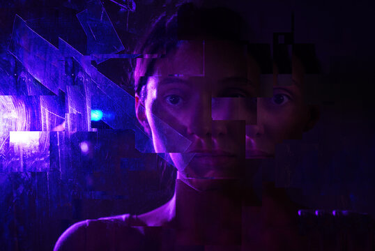 Neon cyberspace portrait with AI assistant glitch effect
