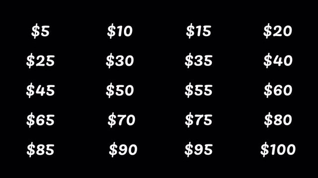 Dollar Counter Animation Set, Money Value Counter Collection from $0 to $200 Dollar+, Financial Counting Numbers on Transparent Background, 4K Alpha Channel