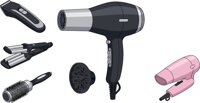 Hair styling appliances vector illustration set featuring professional blow dryer with nozzle crimper hair clipper round curling brush and pink travel dryer isolated on white background
