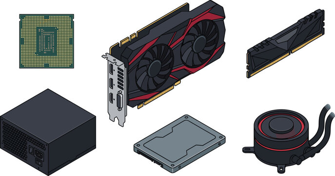 Computer gaming hardware components vector illustration set showing graphics card gpu processor cpu ram memory module psu power supply ssd and liquid cooler isolated on white background