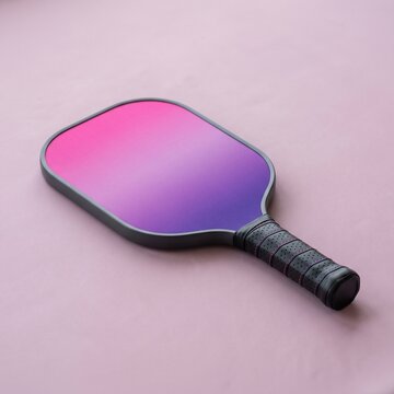Colorful purple and pink pickleball paddle with a black handle for playing sport games and outdoor recreation activities Mockup