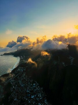 Aerial view of Rio de Janeiro city skyline in Brazil at sunset, dusk 