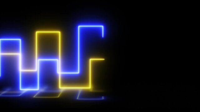 Glowing yellow and blue neon geometric lines on black background. Futuristic cyber equalizer or tech graph concept for modern abstract design.
