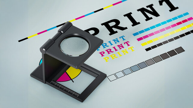 Printing loupe standing on colour test paper. 3D illustration