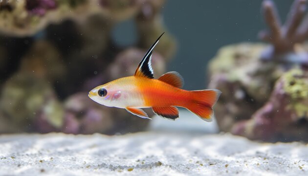 Vibrant orange firefish swimming smoothly over sand in a clean saltwater tank for marine biodiversity concept and aquarium care inspiration