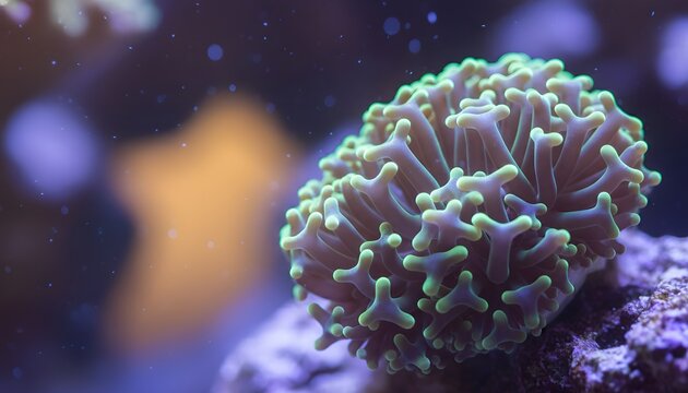 Close up of vibrant green hammer coral polyps swaying inside a saltwater tank marine reef aquarium for oceanic biodiversity and underwater conservation concept