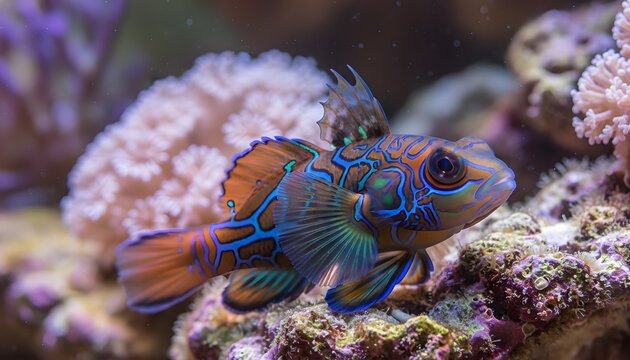Vibrant mandarin fish resting near soft corals inside a saltwater tank for marine biodiversity concept showcasing vivid colors and exotic tropical underwater sealife