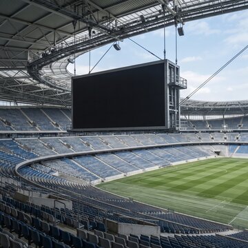 Large blank scoreboard screen hanging inside a modern football stadium with empty seats and green grass field on a bright day Mockup