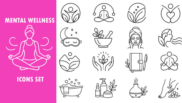 Mental wellness icons set, minimalist self care line art vector, holistic health and meditation symbols for spa and therapy branding