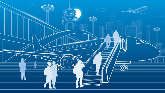 Modern airport terminal with passenger airplane, boarding travelers and futuristic city skyline. Blue line vector illustration for aviation, air travel, tourism and transportation.