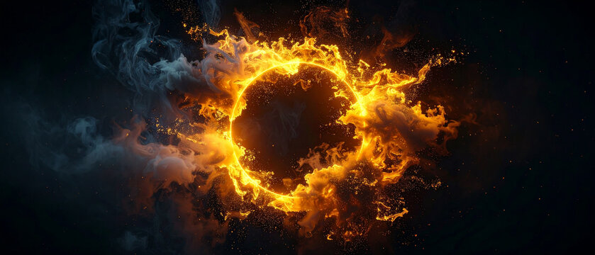 Fiery ring portal energy smoke dark background. Circular flame formation intersecting blue vapor cloud. Particle burst design element for digital tech concept.
