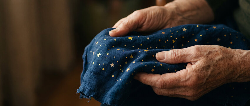 Abraham man holding a starry cloth representing the biblical promise of numerous descendants. Old hands touching night sky fabric. Religious faith and divine covenant concept artwork.