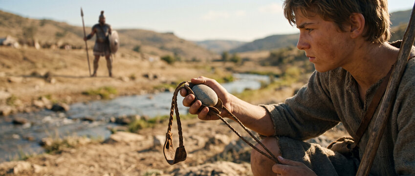 Young man David holding a leather sling and a smooth stone before confronting the giant Goliath. Biblical scene depicting faith and courage. Historical drama representing ancient history.