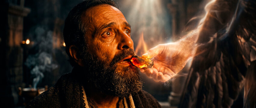 Prophet Isaiah having his lips touched by a burning coal held by an angel hand. Biblical scene depicting purification and commission. Divine encounter, faith, sacred scripture concept.