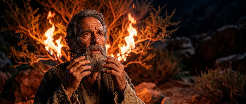 Moses face illuminated by the burning bush. Old man encountering God in the wilderness. Biblical narrative scene representing divine revelation, holy fire, awe, faith, and religious history.