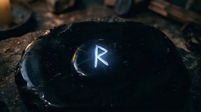 Glowing rune symbol Raido carved into dark stone with mystical light effect, suitable for fantasy game design, occult themes, and esoteric artwork projects.
