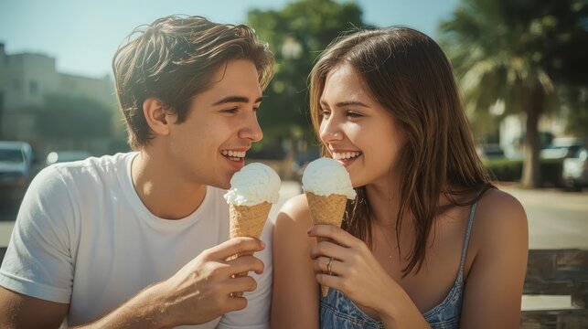 A romantic moment between lovers. A young couple enjoys a summer day, sharing joy and ice cream. The sunlight highlights their happy faces.