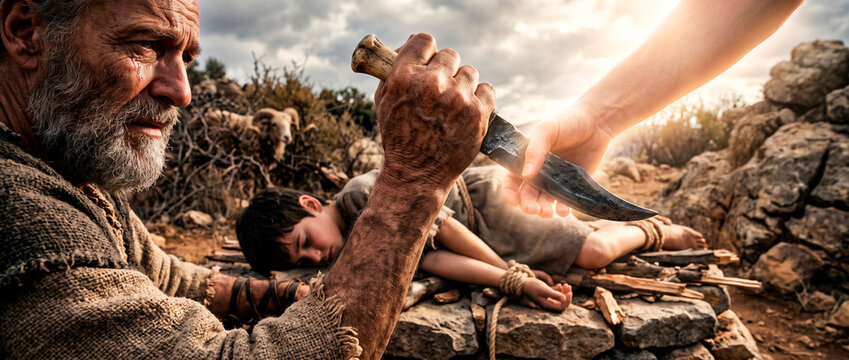 Abraham hand holding knife over Isaac representing the test of faith. Patriarch prepares sacrifice of son in desert landscape. Biblical scene of divine intervention and obedience.