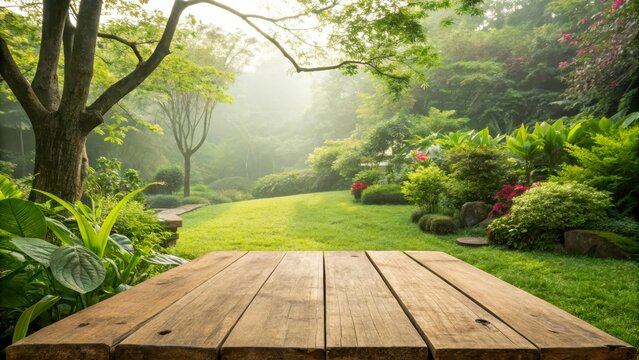 A serene garden scene with lush greenery, vibrant flowers, and a wooden table in the foreground. Soft sunlight filters through the trees, creating a peaceful atmosphere.