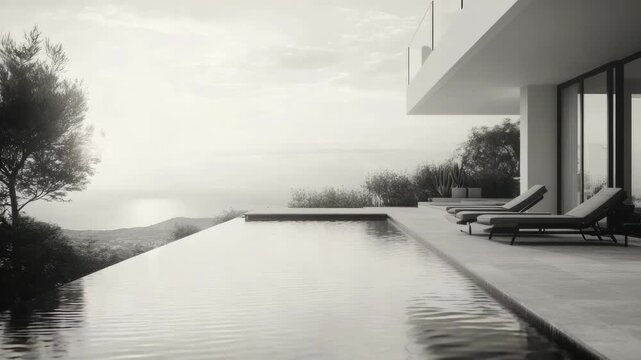 Modern poolside scene with architecture and landscape elements