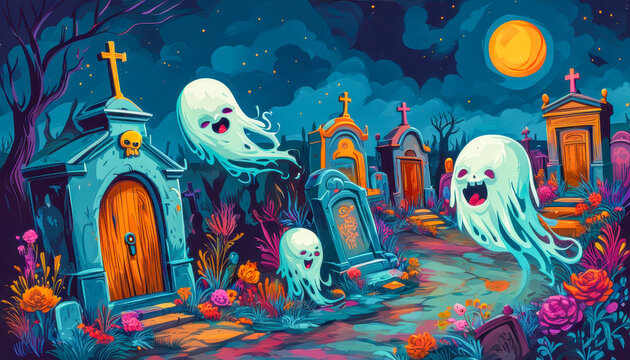 A colorful, cartoon-style graveyard scene at night. Three playful ghosts float among tombstones and flowers under a bright moon.