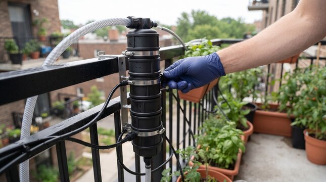 Automated balcony irrigation system for urban gardening, smart drip watering setup on apartment terrace, person adjusting water pump and tubes