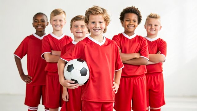 A group of young boys in red soccer uniforms stand together. One boy holds a soccer ball. They display smiles and confidence, showcasing teamwork and sportsmanship.