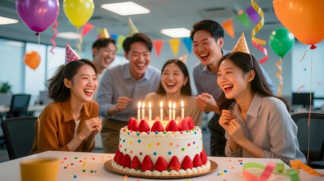 A group of diverse young adults celebrate a birthday in an office. They smile around a large cake with candles, colorful balloons, and festive decorations.