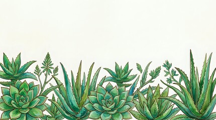 Obraz premium Succulent plants and aloe vera with green foliage arranged in a decorative border on neutral background for botanical design projects.