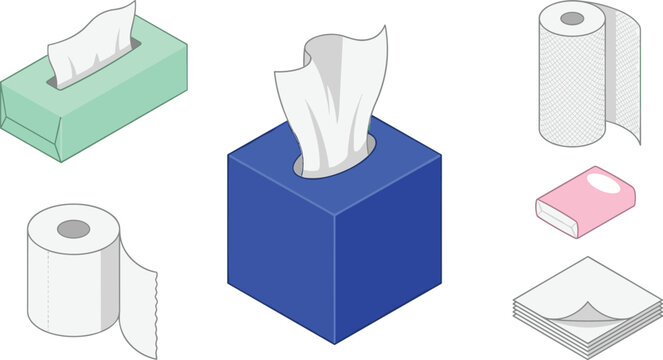 Paper hygiene product vector illustration set featuring facial tissue boxes toilet paper rolls kitchen paper towels pocket napkins and stacked table serviettes isolated on white background