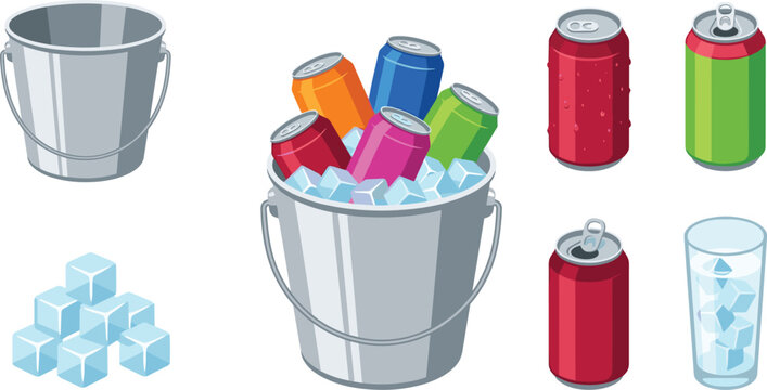 Refreshing drinks aluminum soda cans in ice bucket vector illustration set with metallic pail frozen ice cubes glass tumbler and colorful open pop cans isolated on white background