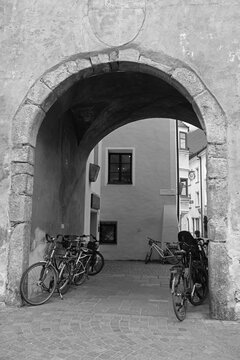 Historic buildings Bressanone Italy Entrance gate Porta Croce Kreuztor towards the historic center of the South Tyrolean city Bressanone Italy