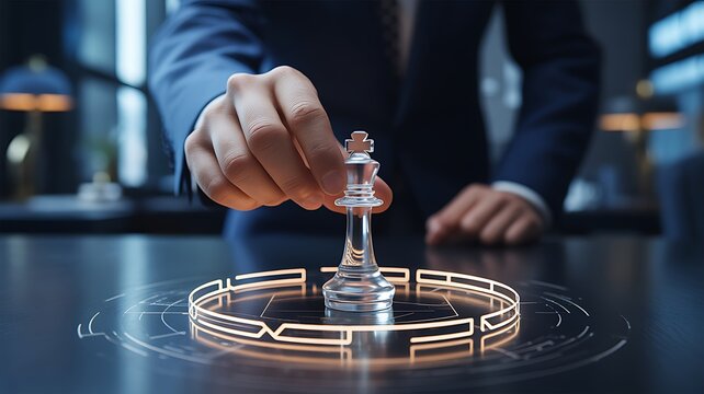 Business professional moving a chess king piece on futuristic digital board