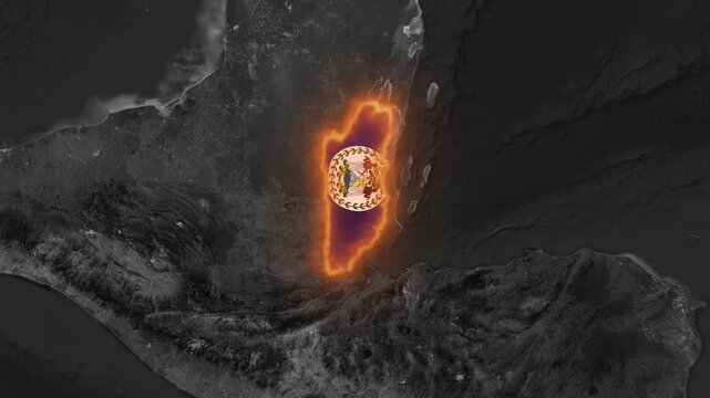Belize map with glowing national flag overlay, animated country border and emblem, central america geography concept