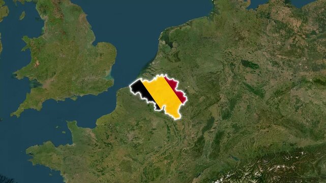 Belgium map animation with national flag overlay on satellite terrain background, country europe geography