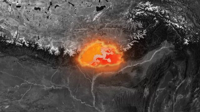 Bhutan map overlay with glowing national flag and dragon emblem, satellite view of himalayan region geography