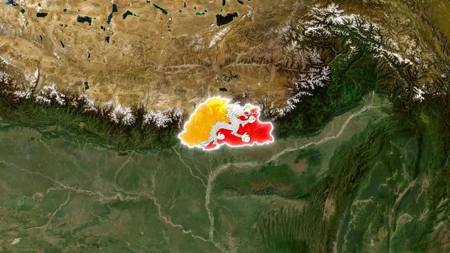 Bhutan country flag map overlay on satellite terrain view high-resolution geographic motion geography
