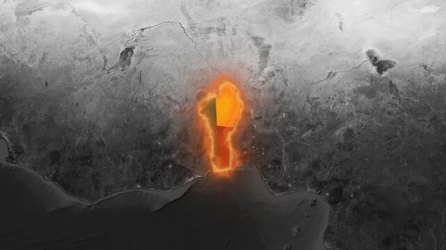Glowing map of benin republic, west africa, digital motion with orange neon border effect geography country